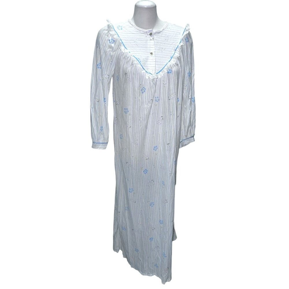 Vintage 70's Long Sleeve Floral Lace Night Gown Sz Small White & Multi Ankle